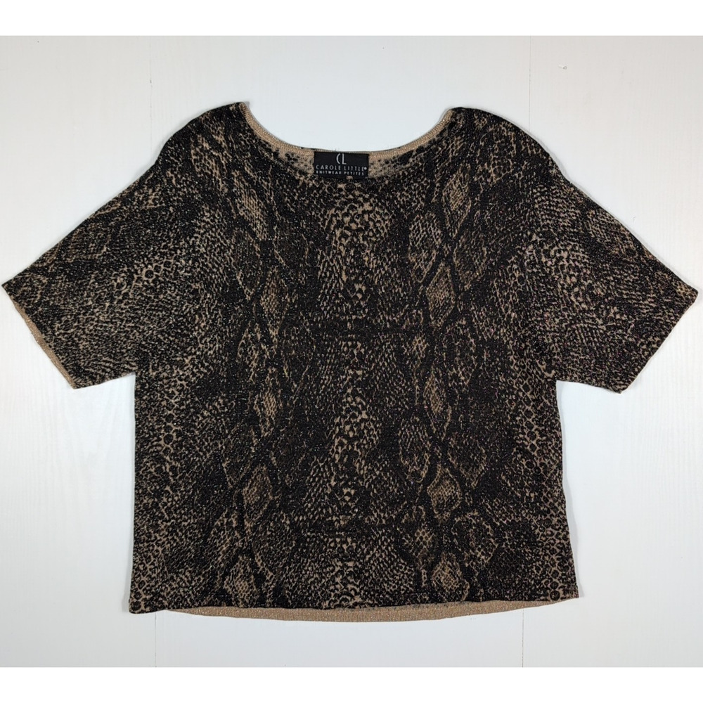 Carole Little Knitwear Petites Top Women’s L Brown Gold Snake Print Short Sleeve